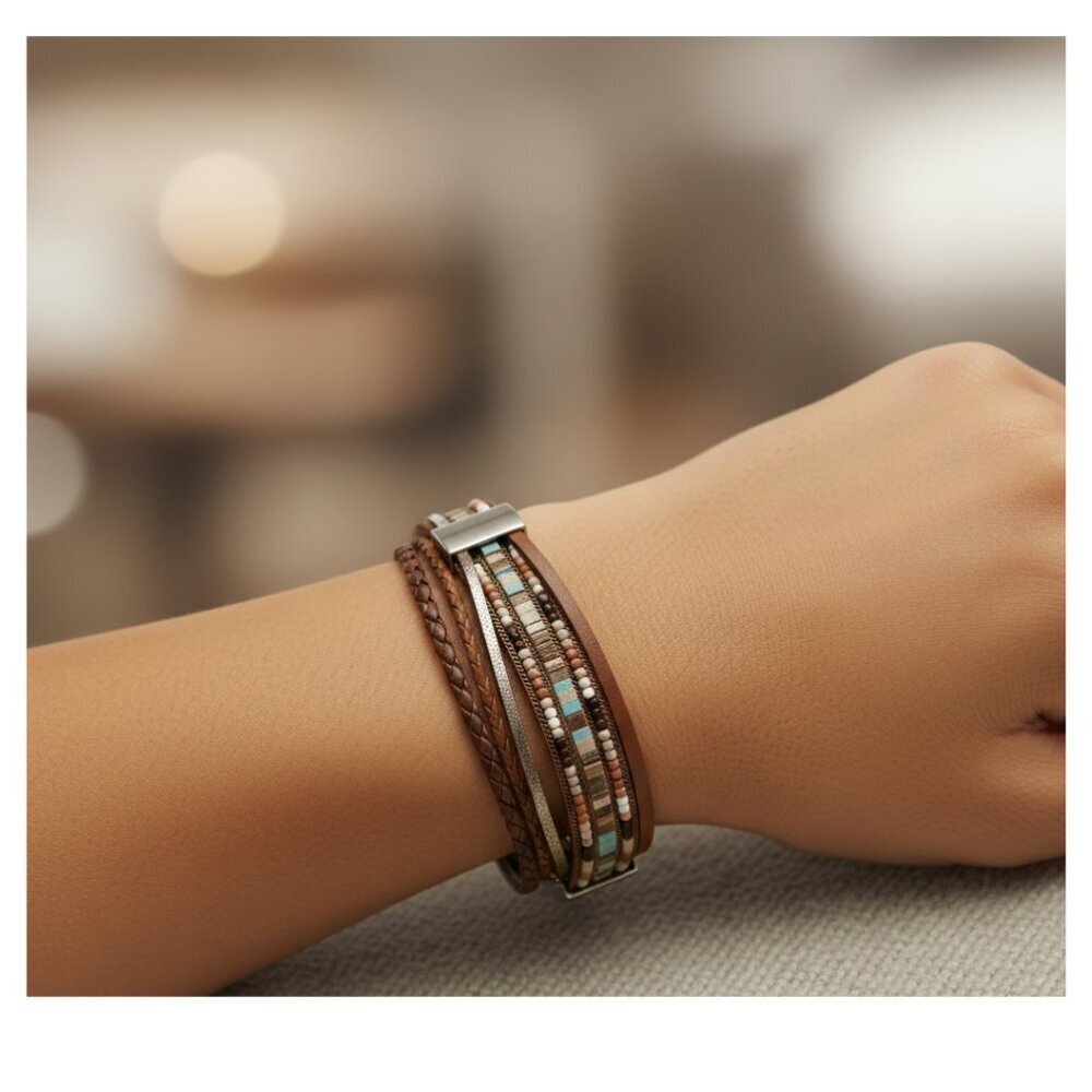 170. Western Braided Leather Bracelet w Magnetic Clip – Multi-Strand Boho Cuff